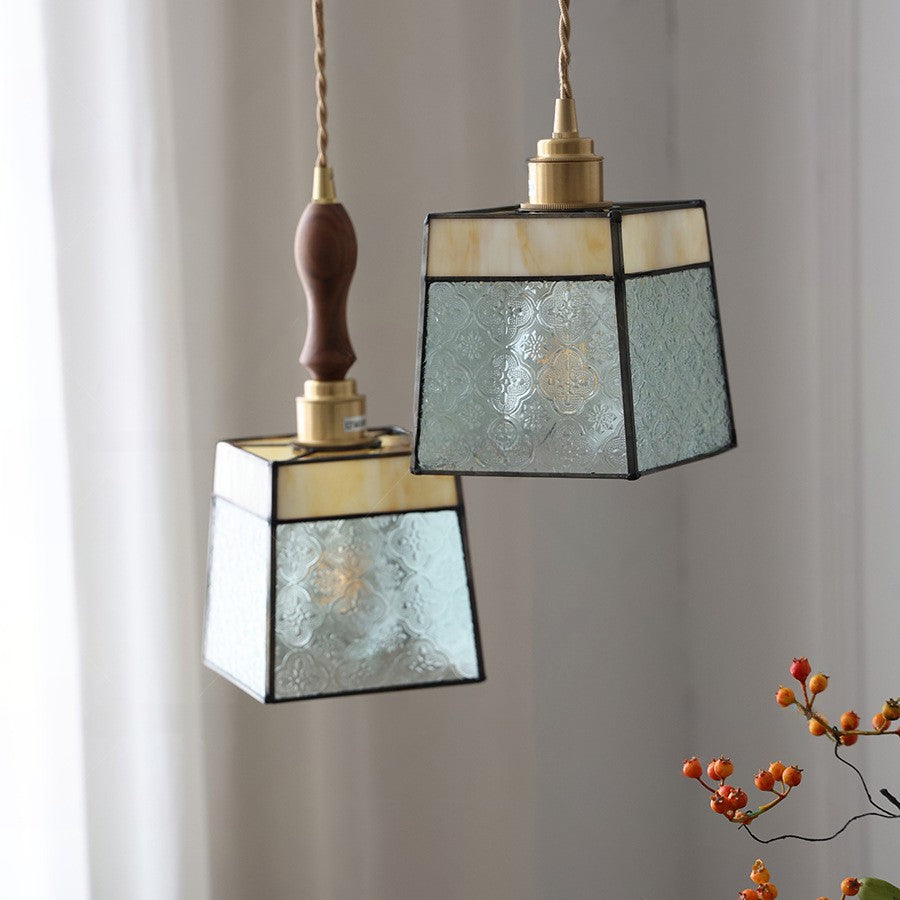 Lámpara colgante contemporánea retro de vidrio, latón, hierro, nogal cúbico trapezoidal de 1 luz para comedor 