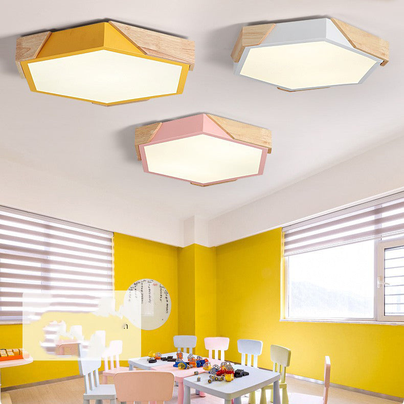 Contemporary Scandinavian Hexagonal Iron Wood Macaron LED Flush Mount Ceiling Light For Bedroom