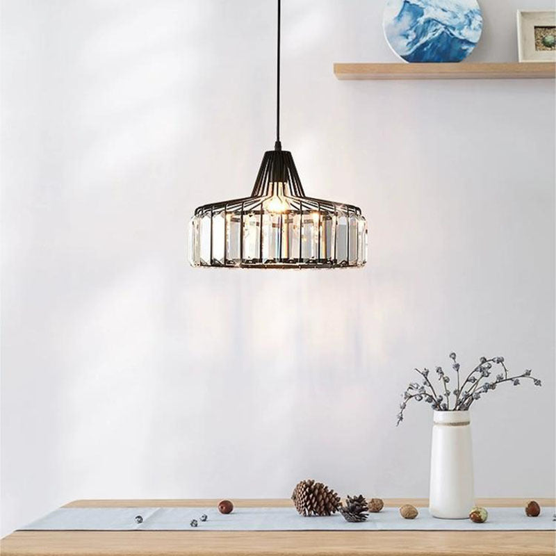 Zeitgenössische Luxus Eisen Zylinder Rahmen Kristall Schatten 1-Licht Pendelleuchte für Wohnzimmer 