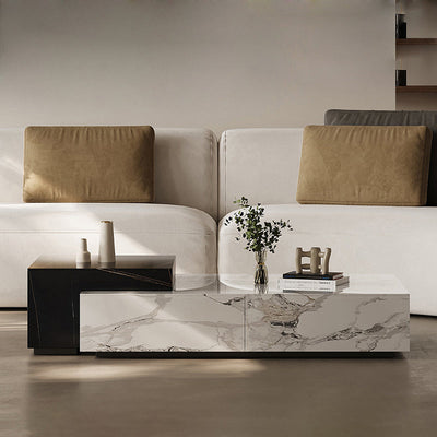 Mesa de café de madera rectangular cuadrada minimalista moderna con placa de piedra y 4 cajones para sala de estar 