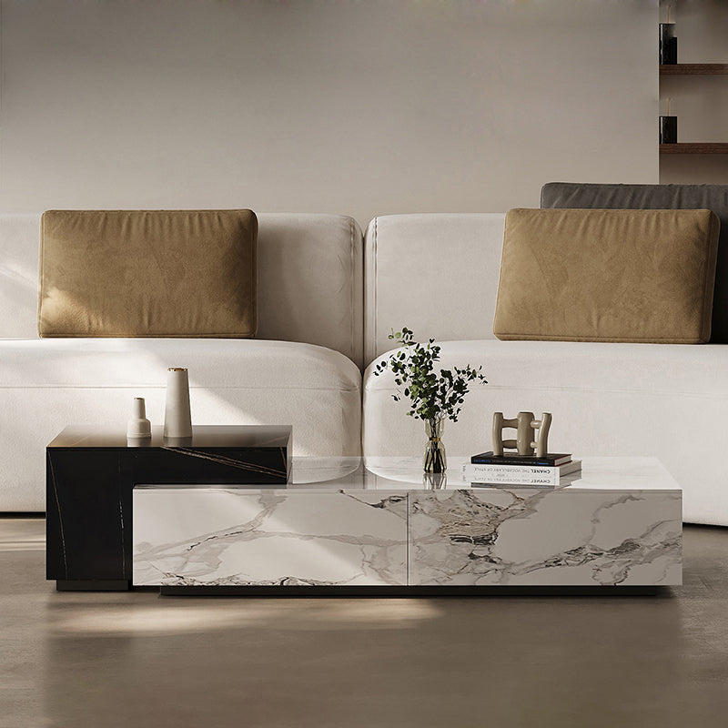 Mesa de café de madera rectangular cuadrada minimalista moderna con placa de piedra y 4 cajones para sala de estar 