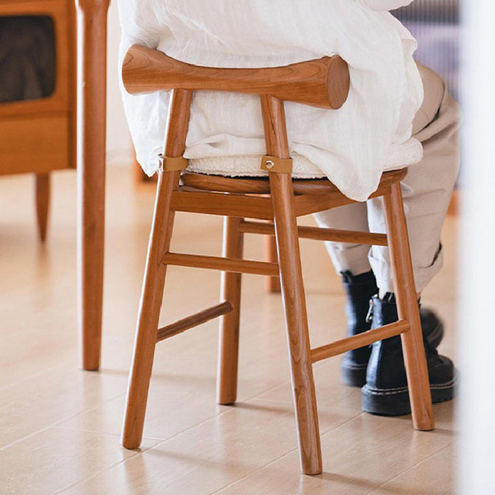 Taburete tocador redondo de madera de estilo moderno y sencillo con tela sherpa, respaldo y reposapiés para dormitorio 