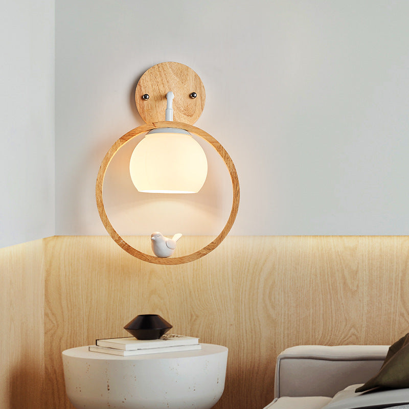 Zeitgenössische skandinavische runde Vogel Holz Glas 1-Licht Wandleuchte Lampe für Schlafzimmer 