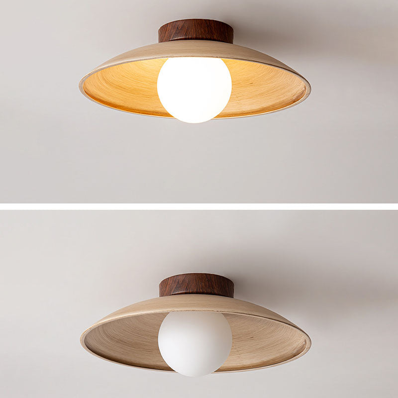 Traditional Japanese Woodgrain Disc Glass Shade 1-Light Semi-Flush Mount Ceiling Light For Hallway