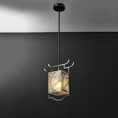 Lustre suspendu à 1 lumière en cuivre lucite émaillé quadrilatère chinois traditionnel pour salon 