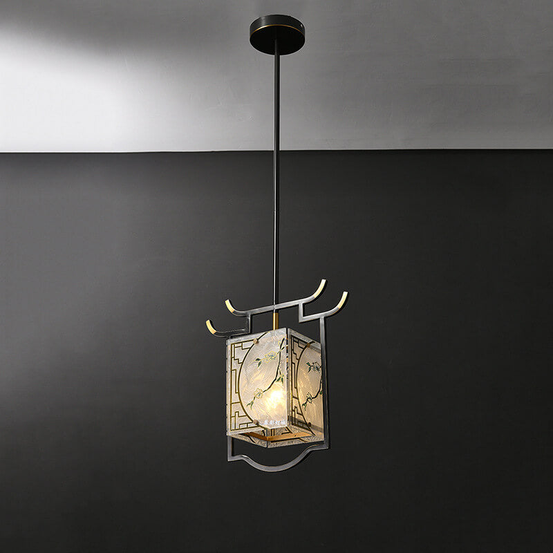 Lustre suspendu à 1 lumière en cuivre lucite émaillé quadrilatère chinois traditionnel pour salon 