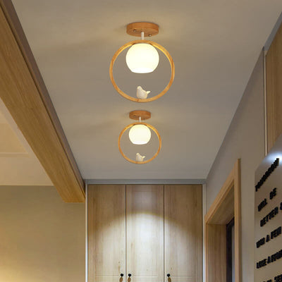 Modern Japanese Minimalist Log Bird Round 1-Light Semi-Flush Mount Ceiling Light