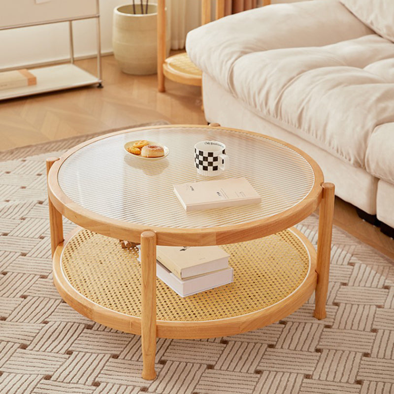 Table basse ronde minimaliste moderne en hévéa avec plateau en verre et faux rotin, à 2 niveaux, pour salon 