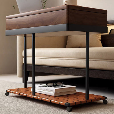Moderner minimalistischer abnehmbarer rechteckiger Eisensattel Leder Massivholz Beistelltisch mit 1 Ablage für das Wohnzimmer 