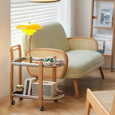 Moderner minimalistischer quadratischer Holz-Glas-Endtisch, zweistufiger Wagen, drehbar für das Wohnzimmer 