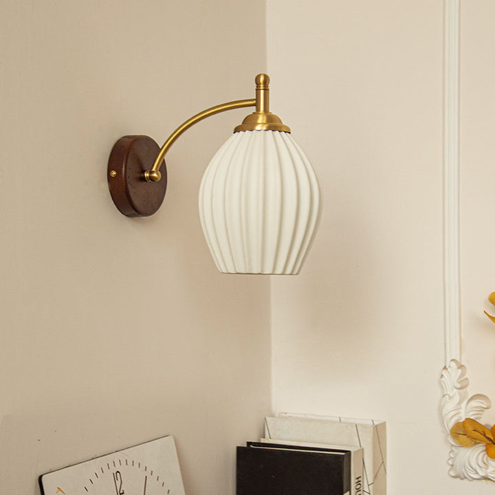 Traditional French Ceramic Glass Flower Shade Solid Wood Base 1-Light Wall Sconce For Living Room