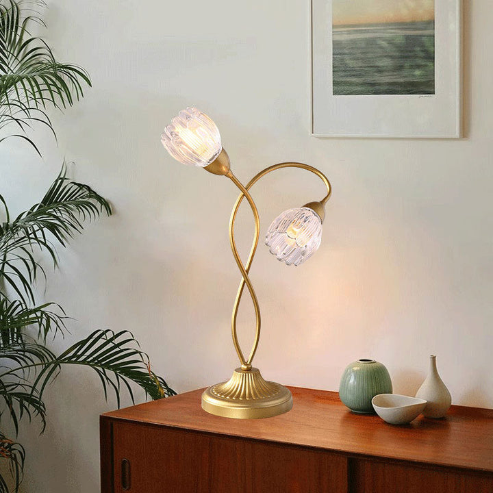 Moderne Art Deco Blumen Eisen Glas 2-Licht Tischlampe für Wohnzimmer 