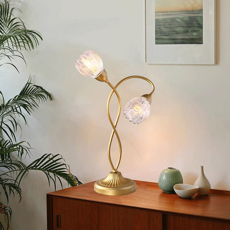 Lampe de table à deux lumières en fer et verre Art Déco moderne avec motif floral pour salon 