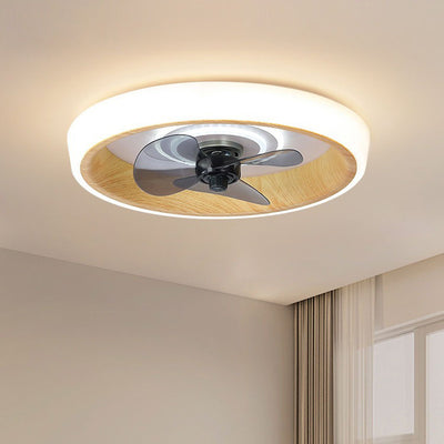 Modern Minimalist Round Wood Grain Aluminum Acrylic LED Flush Mount Ceiling Fan Light For Bedroom