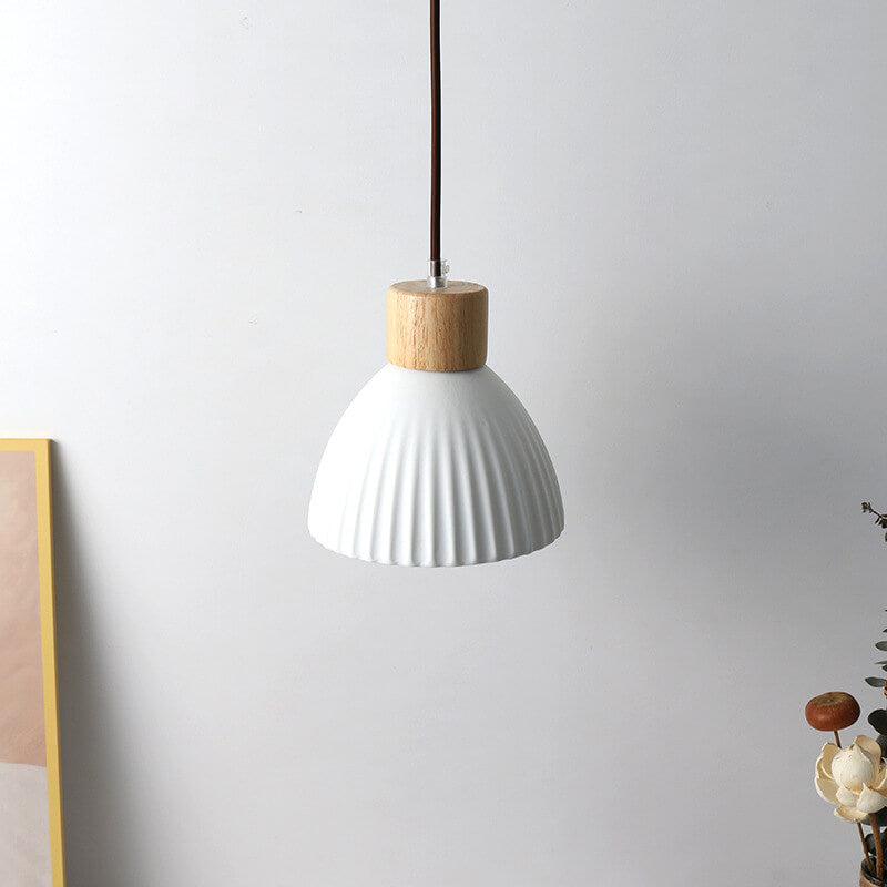 Japanese Harajuku Solid Wood Pleated Ceramic Round 1-Light Pendant Light