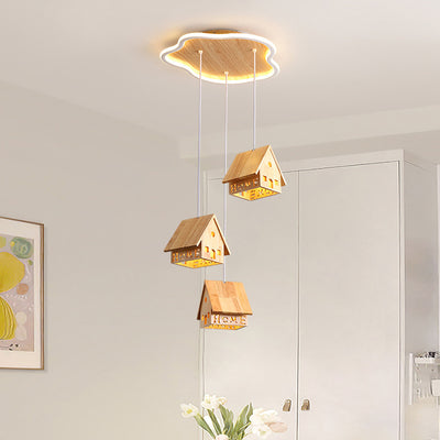 Lustre LED en aluminium contemporain créatif en forme de cabane en bois pour salon 