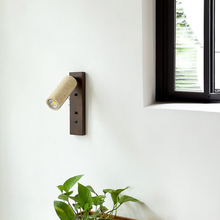 Traditional Japanese Cylinder Rectangle Solid Wood Iron Yellow Travertine 1-Light Wall Sconce Lamp For Bedroom