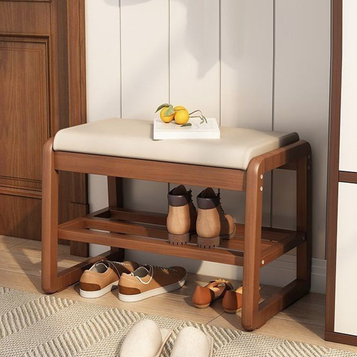 Modern Minimalist Rectangular Rubberwood Faux Leather Shoe Storage Benche For Entryways