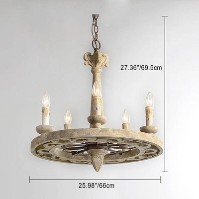 Candelabro redondo de hierro con 6 luces de estilo rústico de granja con madera envejecida para sala de estar 