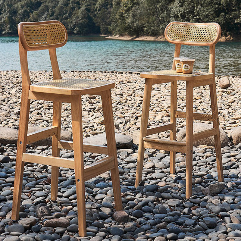 Tabouret de comptoir moderne minimaliste en cuir PU avec rotin rembourré en bois de caoutchouc, dossier ouvert, repose-pieds pour cuisine 
