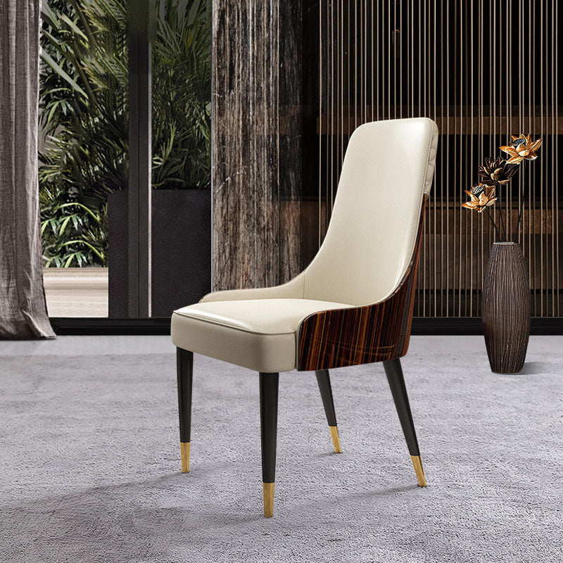 Chaise de salle à manger contemporaine en cuir nordique avec dossier et accoudoirs en bois, acier inoxydable et éponge 