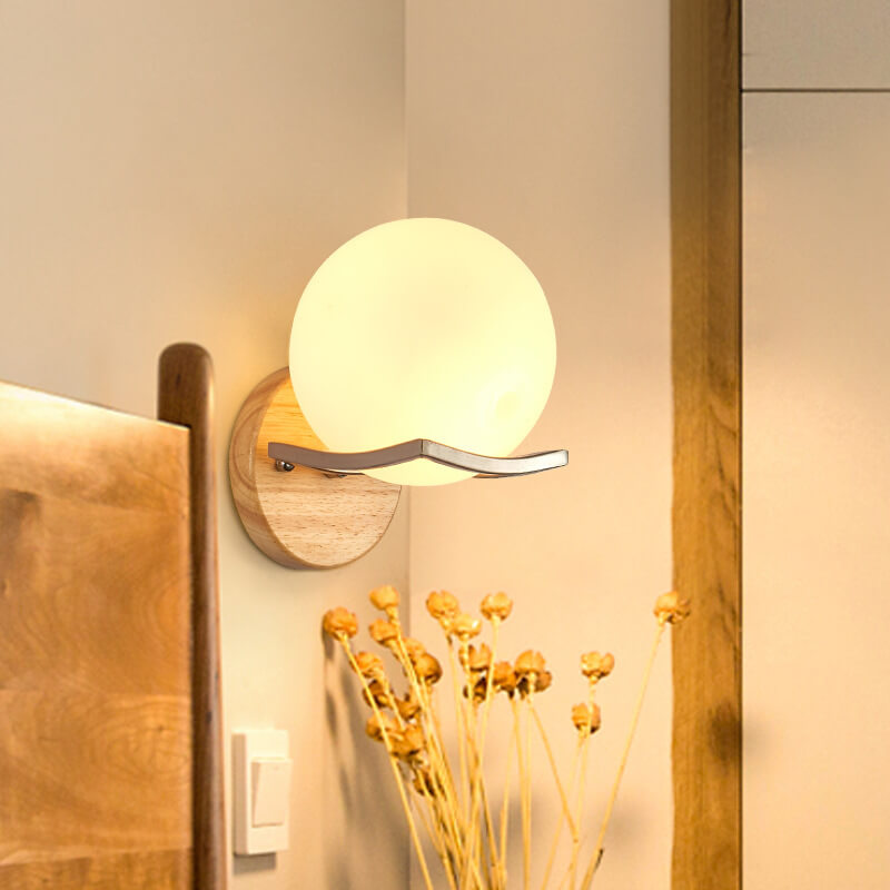 Modern Minimalist Rubberwood Glass Iron Geometric Design 1-Light Wall Sconce Lamp For Living Room &amp; Bedroom