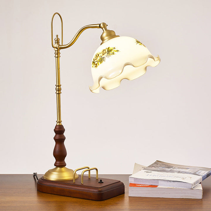 Lampe de Table Traditionnelle Rétro Florale en Bois Massif avec Verre Cuivre à 1 Lumière pour Chambre 