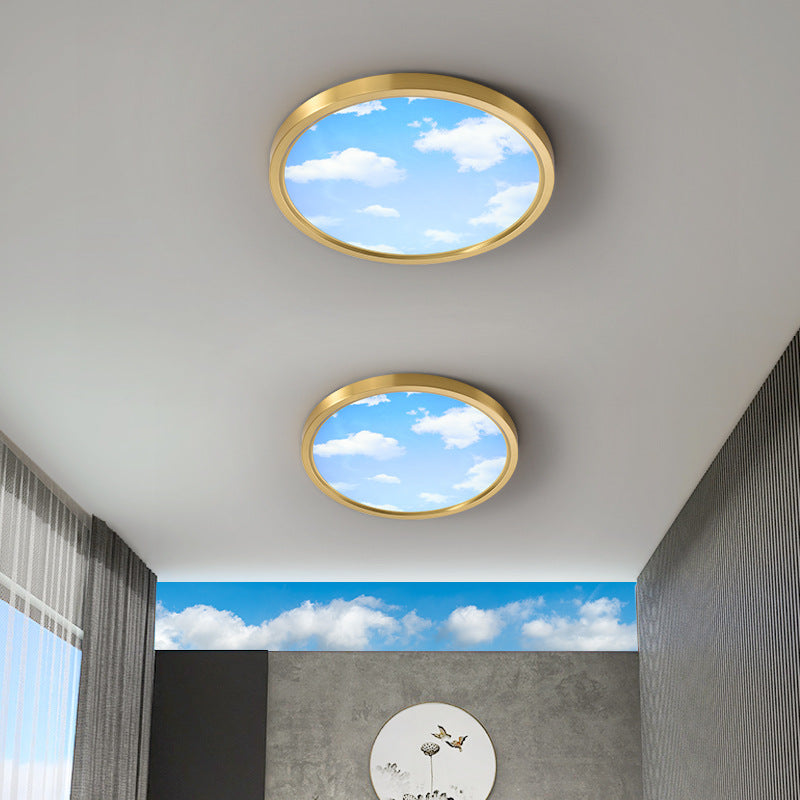 Moderne Einfachheit Vollkupfer Blauer Himmel Wolken Design Runder Acrylschirm LED Deckenleuchte für Wohnzimmer 