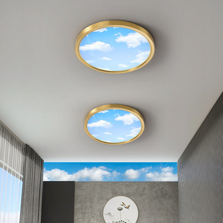 Moderne Einfachheit Vollkupfer Blauer Himmel Wolken Design Runder Acrylschirm LED Deckenleuchte für Wohnzimmer 