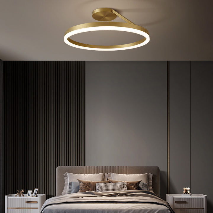 Luz de techo LED de montaje semi-empotrado con pantalla redonda de línea curva de cobre completo minimalista moderno para sala de estar 