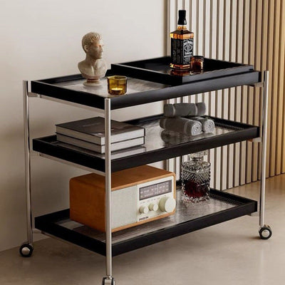 Table d'appoint carrée minimaliste moderne en acier inoxydable, verre et bois avec roulettes triple pour salon 
