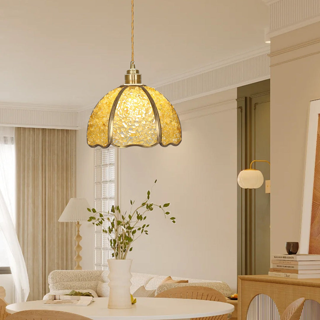 Lámpara colgante moderna de arte deco de media esfera de cobre con cristal de 1 luz para comedor 