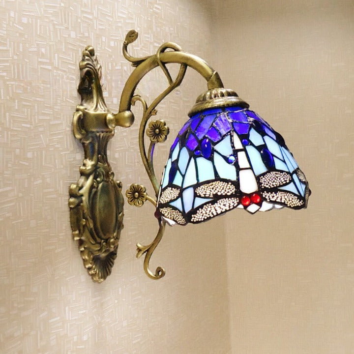 Tiffany Handmade Stained Glass Dragonfly 1-Light Wall Sconce Lamp