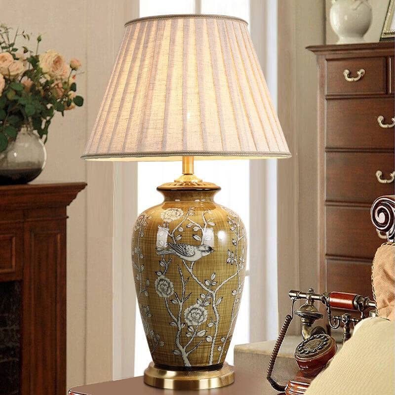 Retro Chinese Ceramic Canvas Shade Copper Base 1-Light Table Lamp