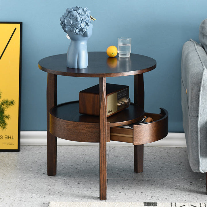 Mesa auxiliar redonda contemporánea, retro y vintage de madera de caucho, madera de pino y contrachapado con cajón de 2 niveles para sala de estar 