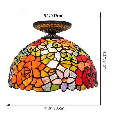 Traditional Tiffany Round Rose Iron Stained Glass 1-Light Semi-Flush Mount Ceiling Light For Living Room
