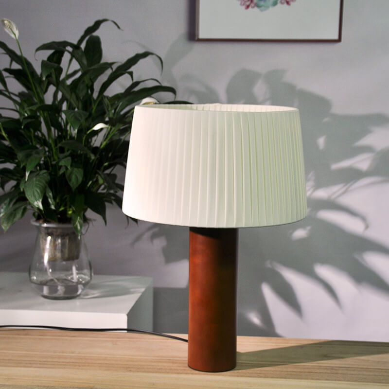Modern Minimalist Pleated Canvas Walnut Cylinder 1-Light Table Lamp