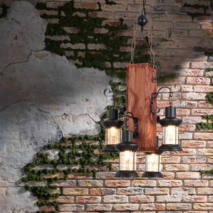 Lustre rustique traditionnel rectangulaire en cylindre de bois avec quincaillerie à 4 lumières pour salon 