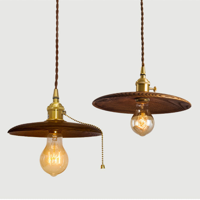 Contemporary Retro Ash Wood Copper Round Dish Irregular Grain 1-Light Pendant Light For Dining Room