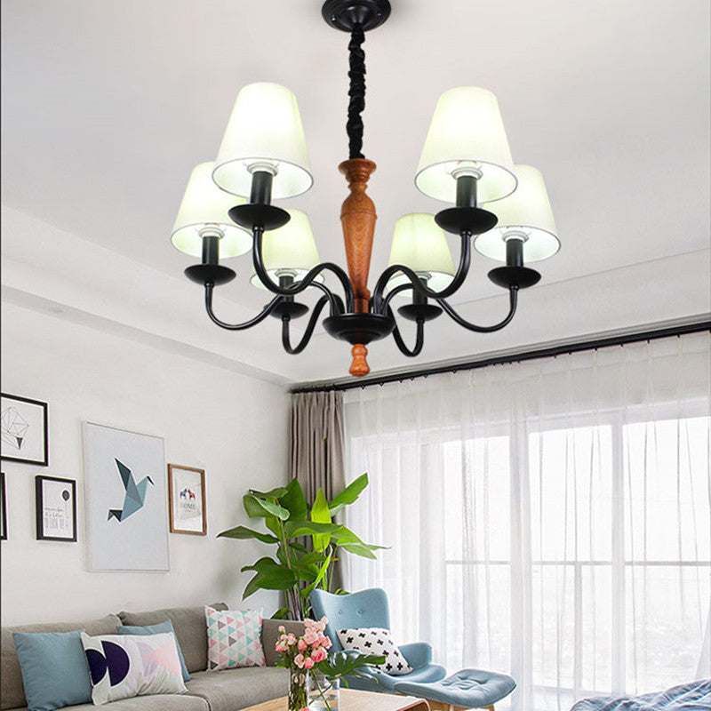 Contemporary Scandinavian Curved Rod Trapezoidal Candle Holder Iron Fabric 3/5/6-Light Chandelier For Living Room