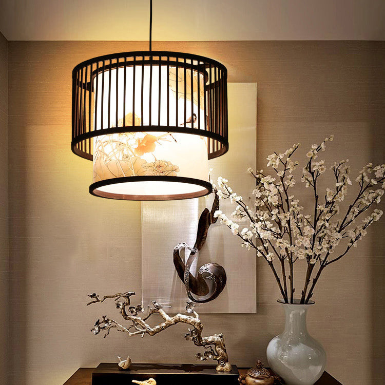 Traditionelle chinesische Bambusweberei Stoff Runde 1-Licht Pendelleuchte für Esszimmer 