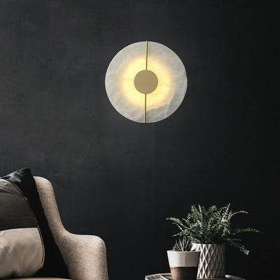 Traditional Chinese Copper Marble Round Elliptical LED Wall Sconce Lamp For Hallway