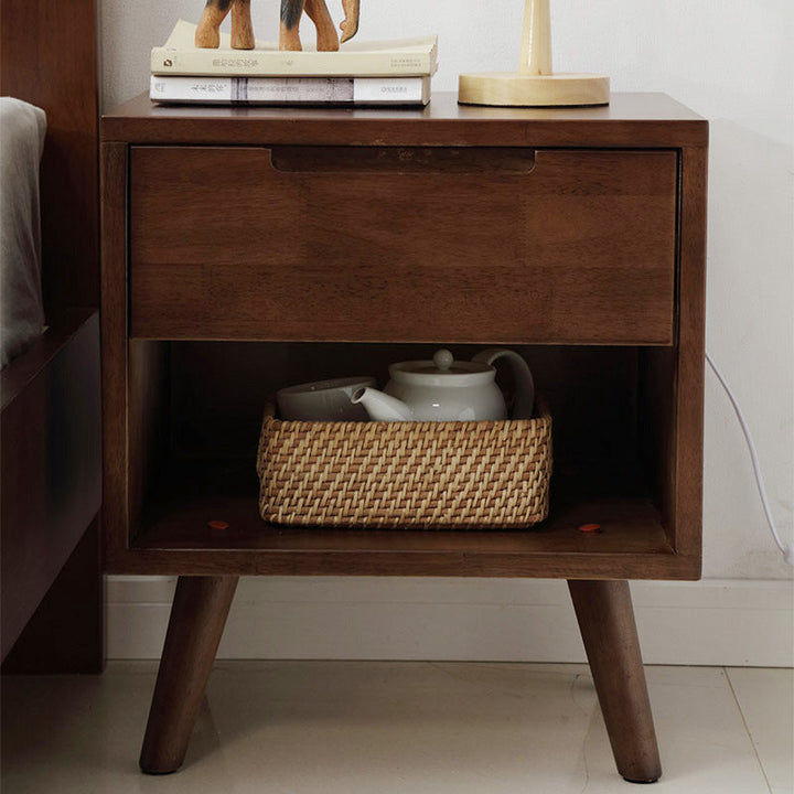 Contemporary Scandinavian Square Tabletop Rubberwood Nightstand 1-Drawer For Bedroom