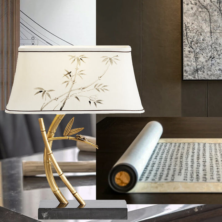 Traditional Chinese Fabric Marble Hardware Bamboo Leaf Decoration 1- Light Table Lamp for Bedroom Home Office