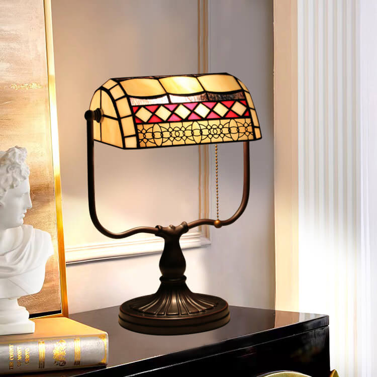 Traditional Tiffany Geometric Stained Glass Bank Pull Cord 1-Light Table Lamp For Home Office