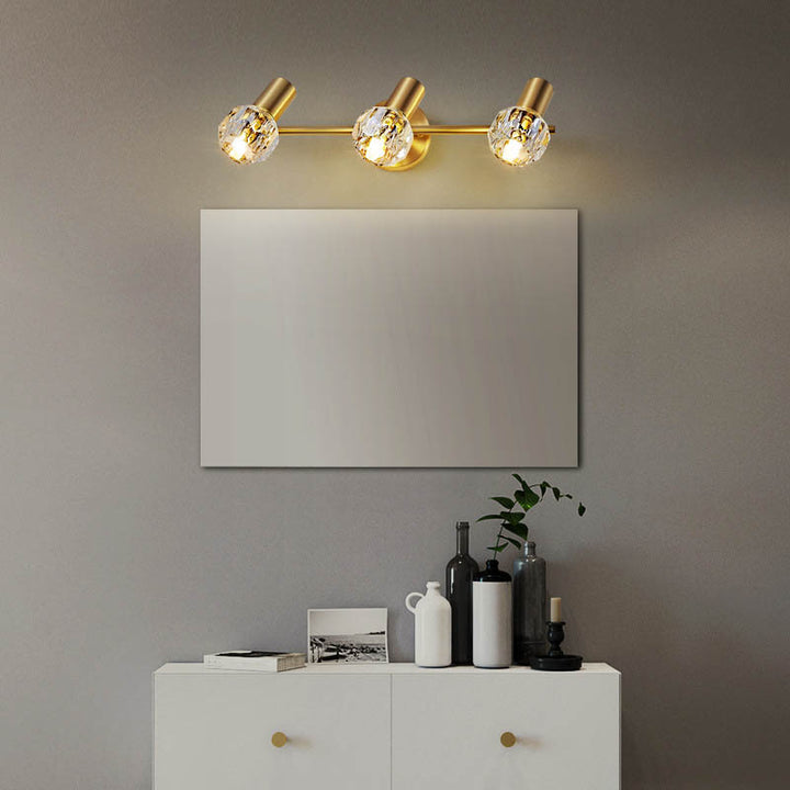 Lámpara de pared de lujo moderno cilindro diamante todo latón cristal 2/3 luces para baño 