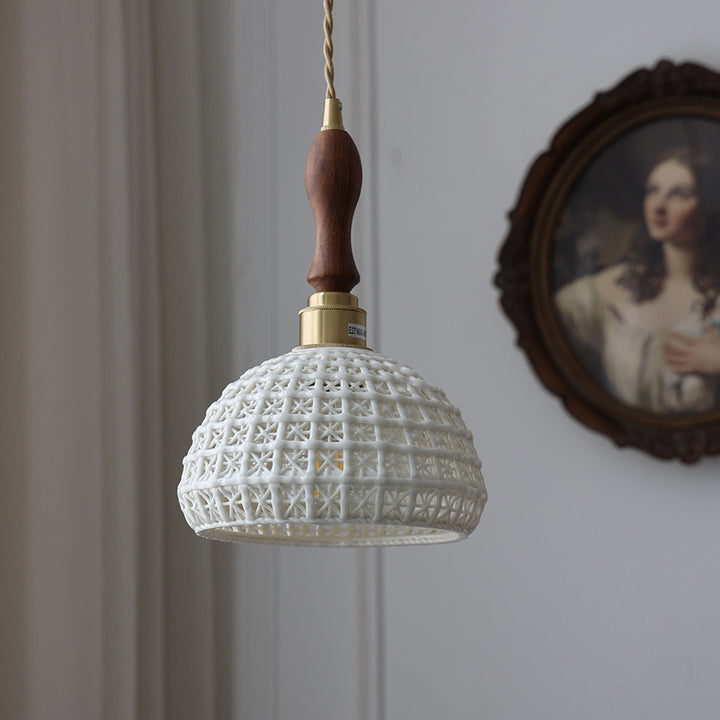 Contemporary Retro Ceramic Brass Copper-Plated Basket Shade 1-Light Pendant Light For Living Room &amp; Bedroom