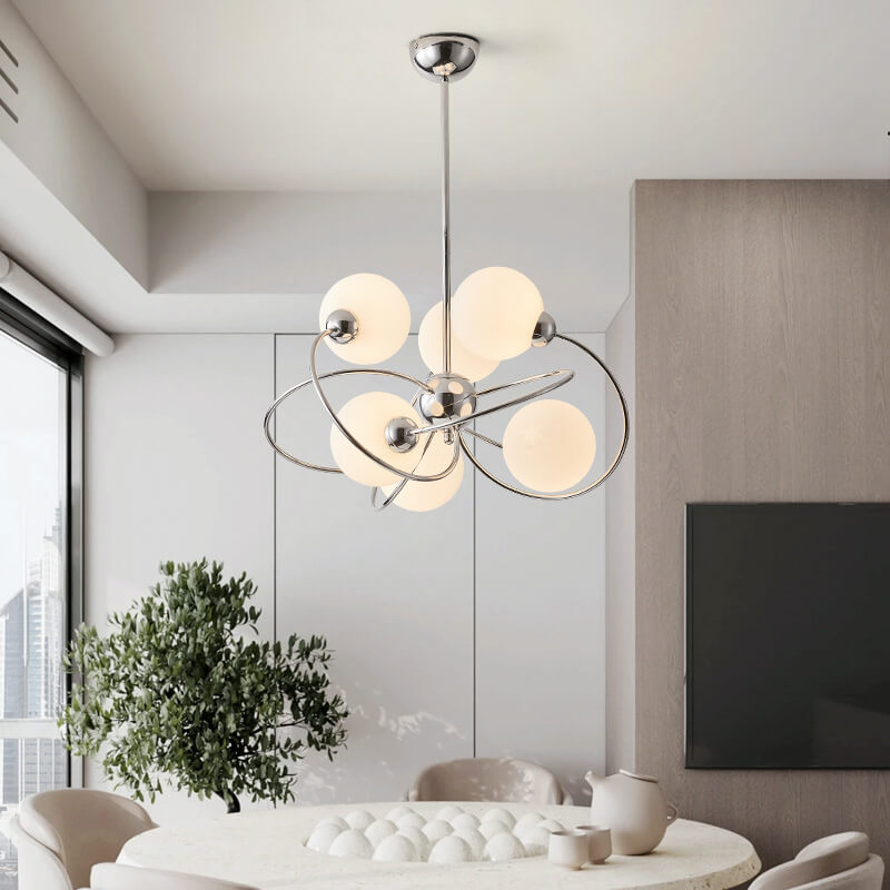 Moderner Mid-Century Kronleuchter mit milchweißem Glasball und Chromring, 6-Licht für Wohnzimmer 