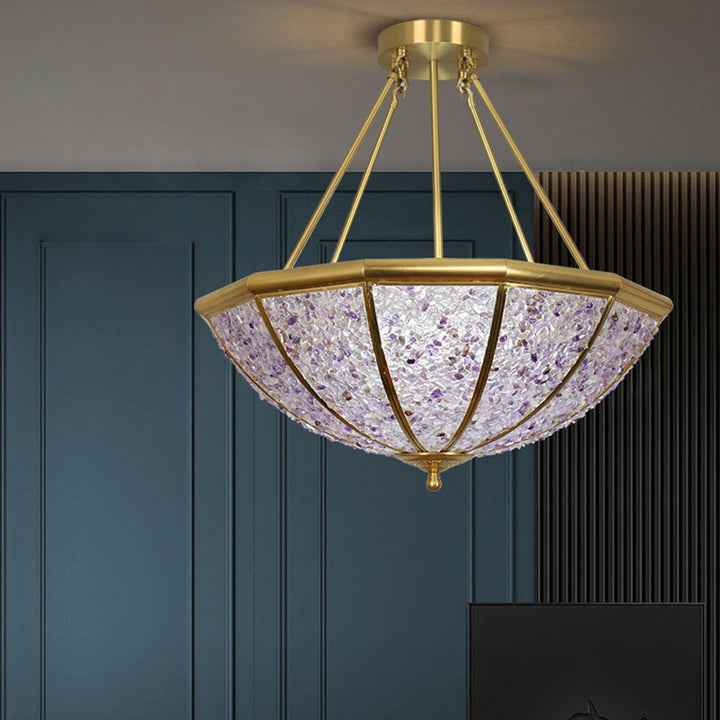 Lujoso Moderno Araña de 5 Luces con Marco de Cobre y Pantalla Redonda de Cristal para Sala de Estar 