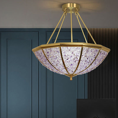 Lustre moderne de luxe avec cadre en cuivre et abat-jour rond en cristal à 5 lumières pour salon 